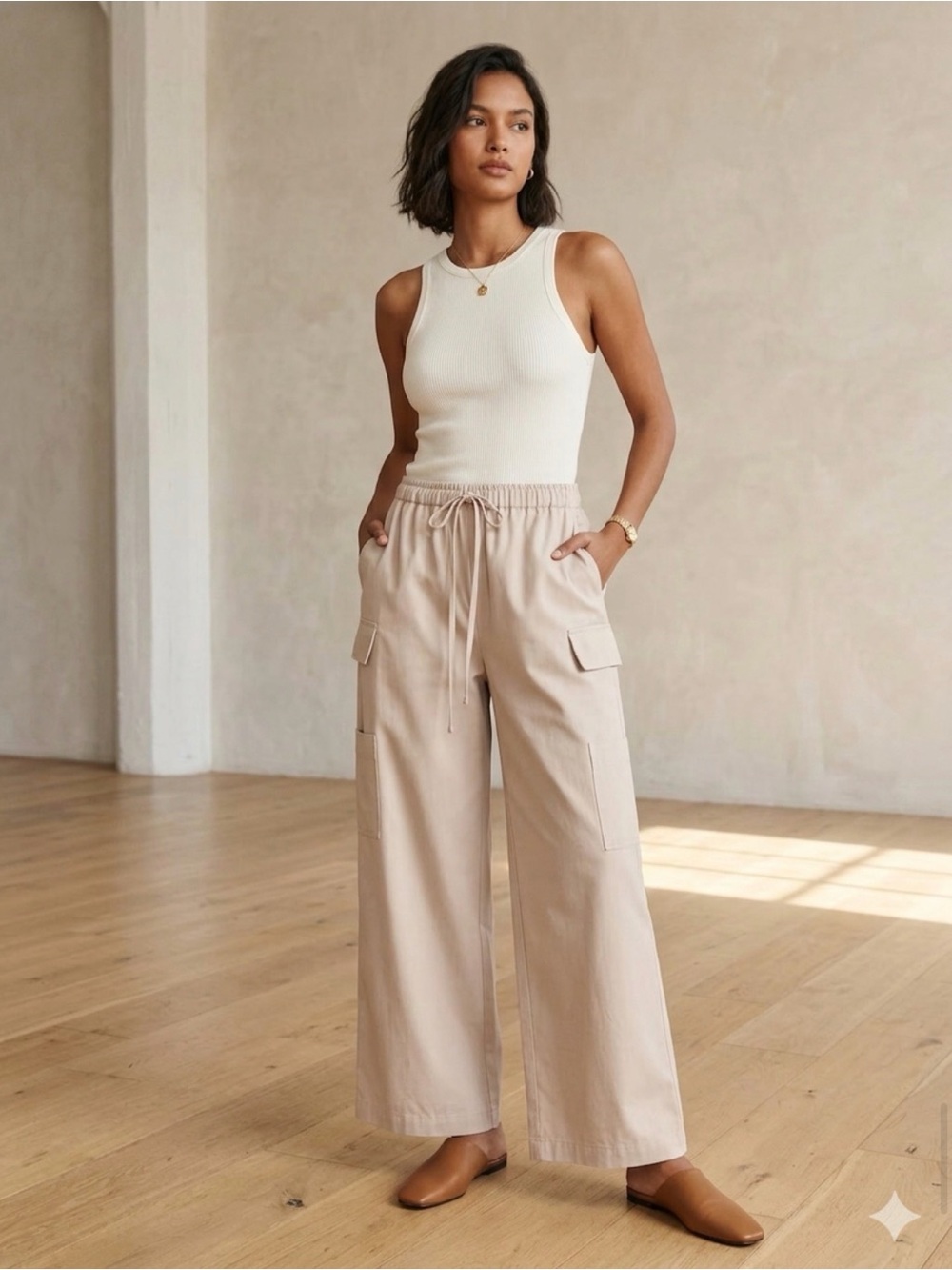 Reformation Ethan Wide Leg Cargo Pants Tan Beige Drawstring Waist Medium